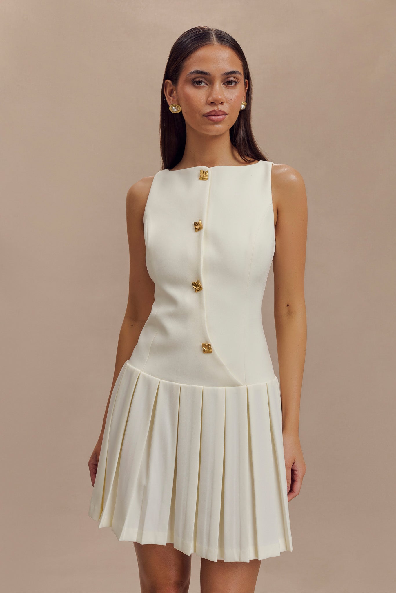 Mackenzie Sleeveless Pleated Mini Dress - Ivory、mySite、solidvoid