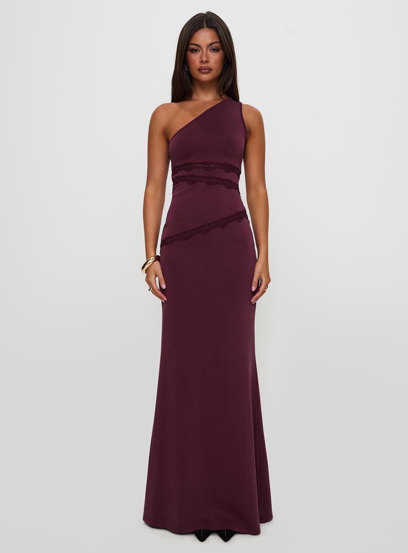 Ultraviolet One Shoulder Lace Maxi Dress Wine、mySite、solidvoid