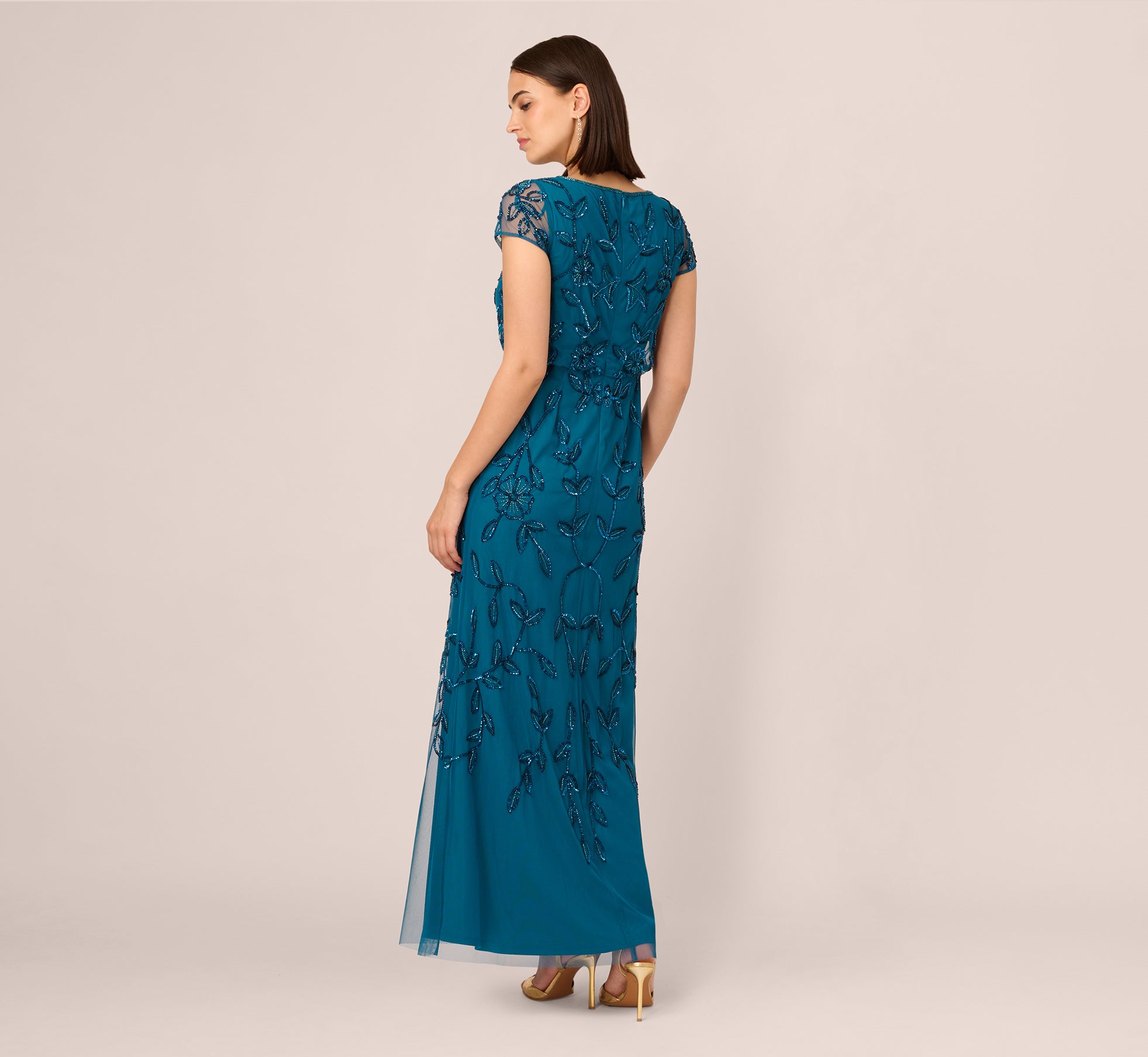 Jasmine Beaded Blouson Gown With Sheer Short Sleeves In Teal Sapphire、mySite、solidvoid
