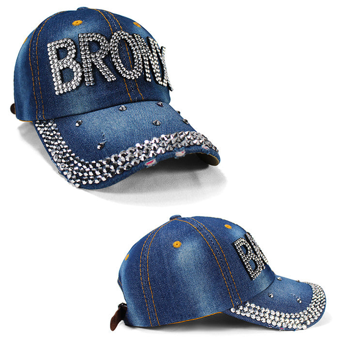 Rhinestone BRONX Washed Denim Hat – Unisex Fit with Leather Back Strap、mySite、vikingsvslions