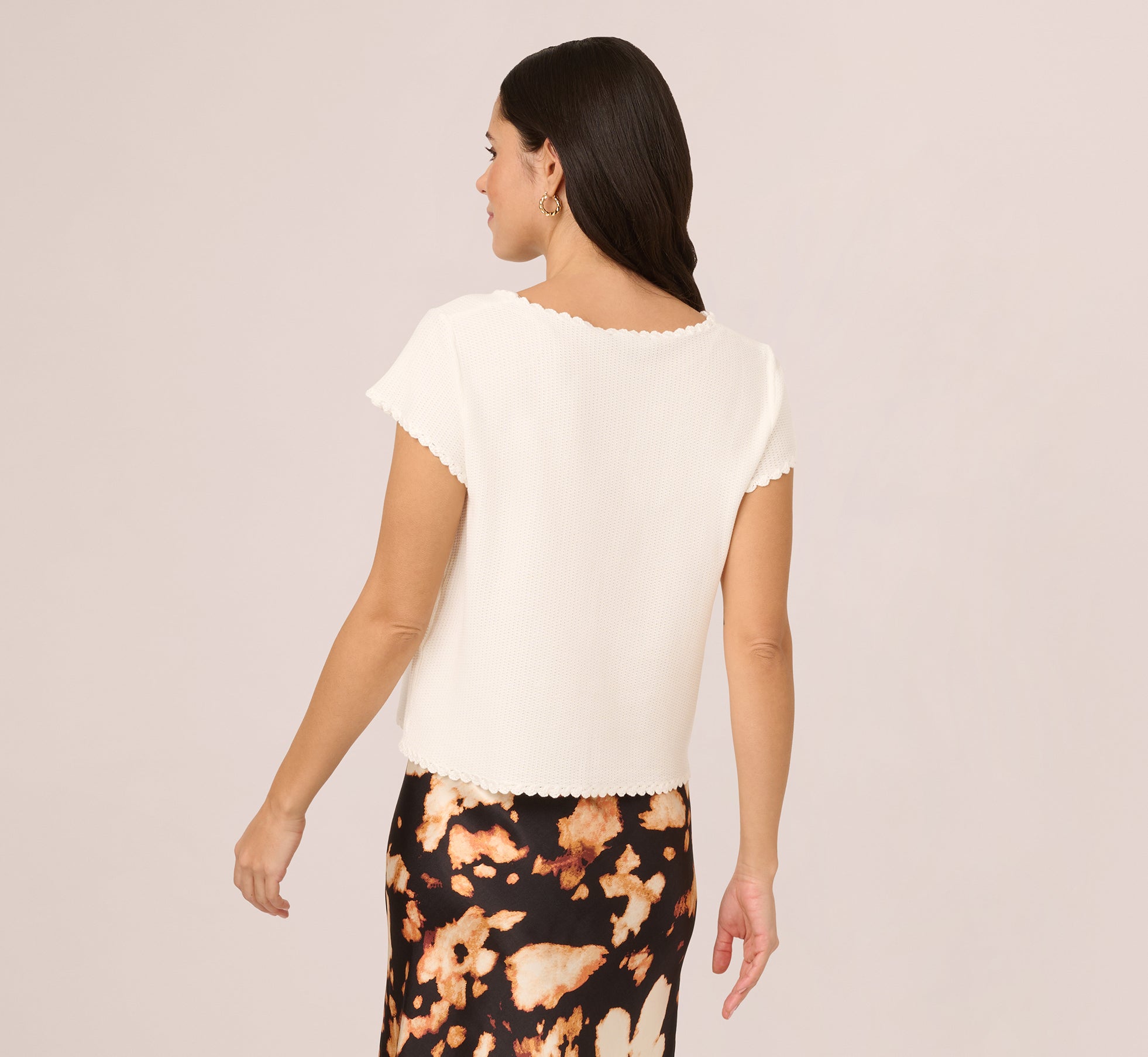 Cap Sleeve Crochet Scallop Sweater Top In Ivory、mySite、solidvoid