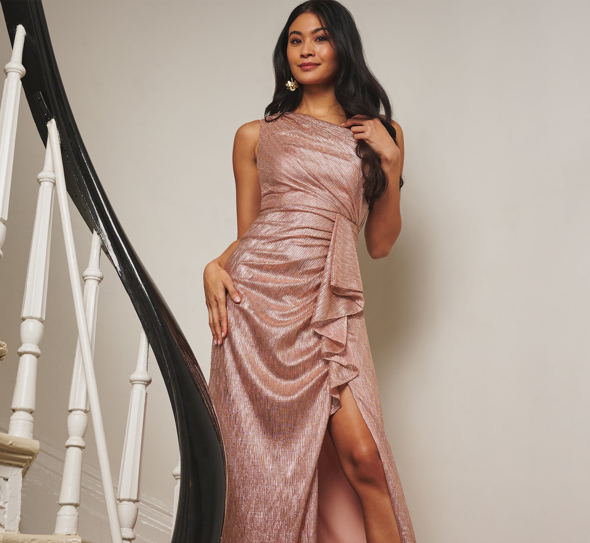 Draped Metallic Foil Long Dress In Rose Gold、mySite、solidvoid
