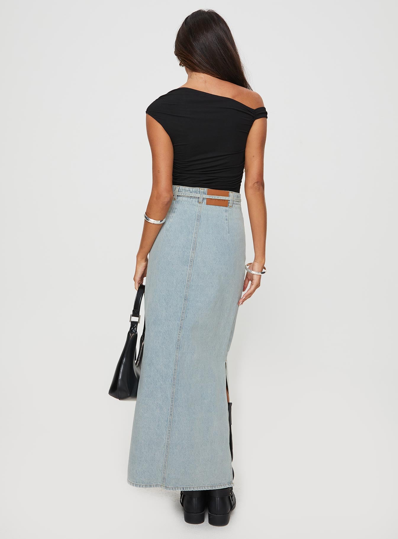 Brandee Tie Front Denim Maxi Skirt Light Wash、mySite、solidvoid
