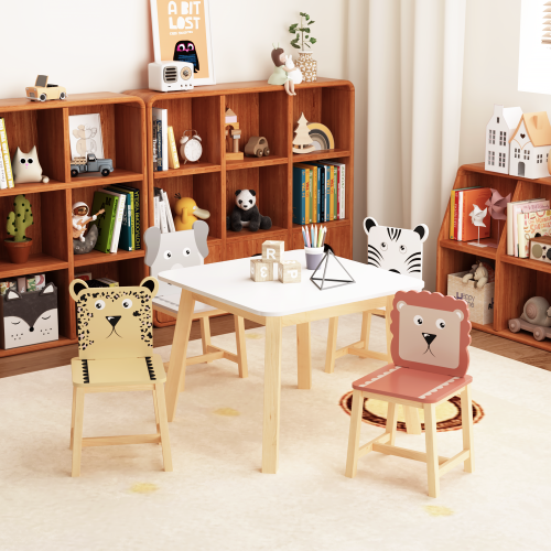 Kids Table and 2 Chairs Set, 3 Pieces Toddler Table and Chair Set, Wooden Activity Play Table Set (Lion&Monkey)、、casual
