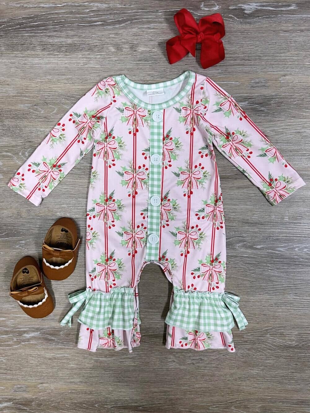 Coquette Christmas Bows Girls Gingham Trim Baby Romper、mySite、camillekostekn