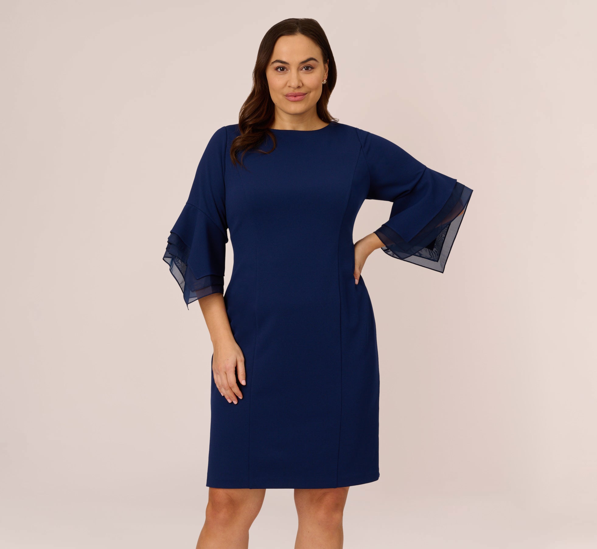 Plus Size Knit Crepe Sheath Dress With Tiered Three Quarter Sleeves In Navy Sateen、mySite、solidvoid