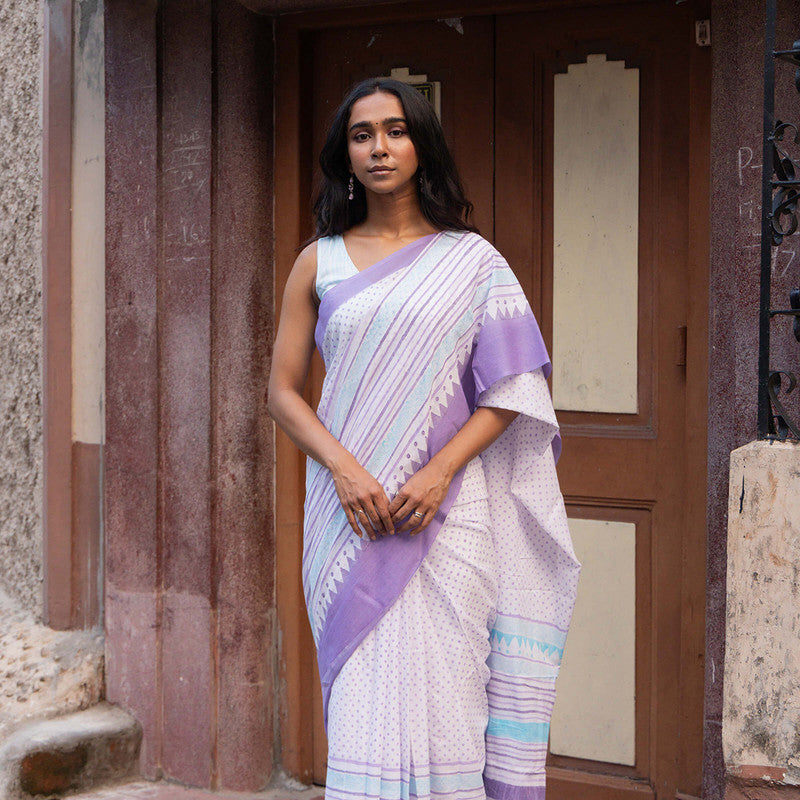 Cotton Saree | Hand Block Print | White & Purple、mySite、camillekostekn