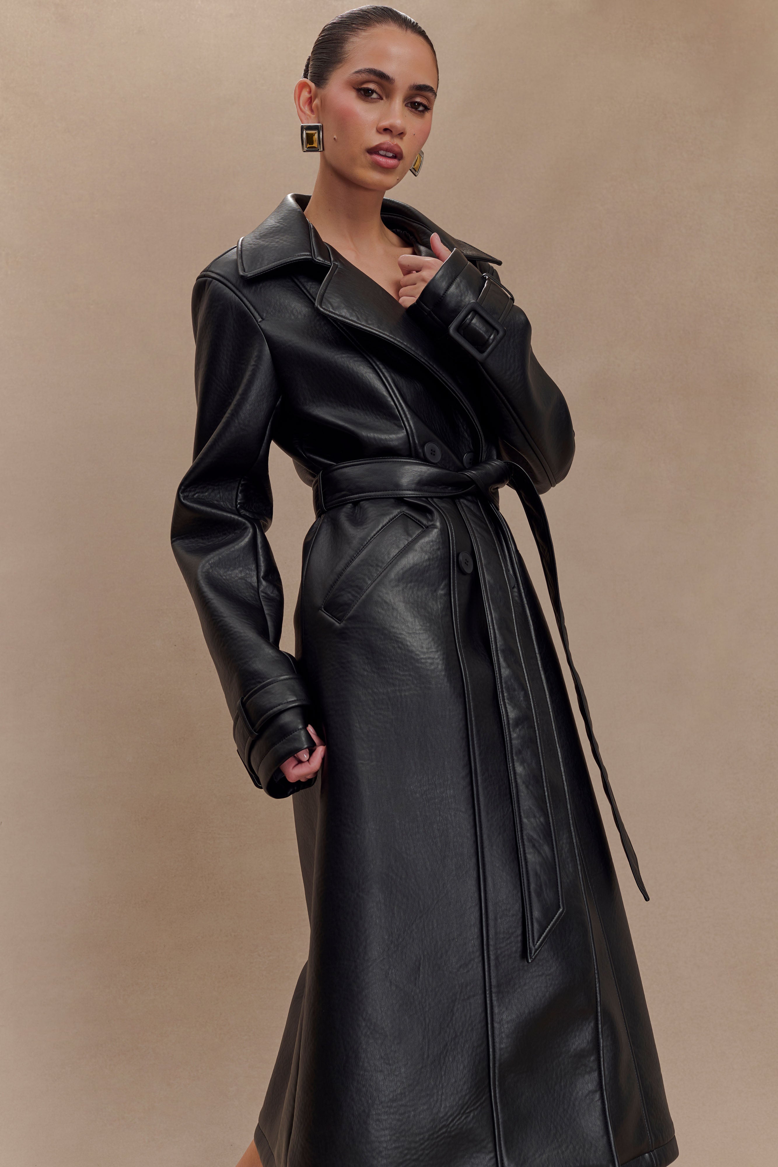 Tarah Faux Leather Trench Coat - Black、mySite、solidvoid