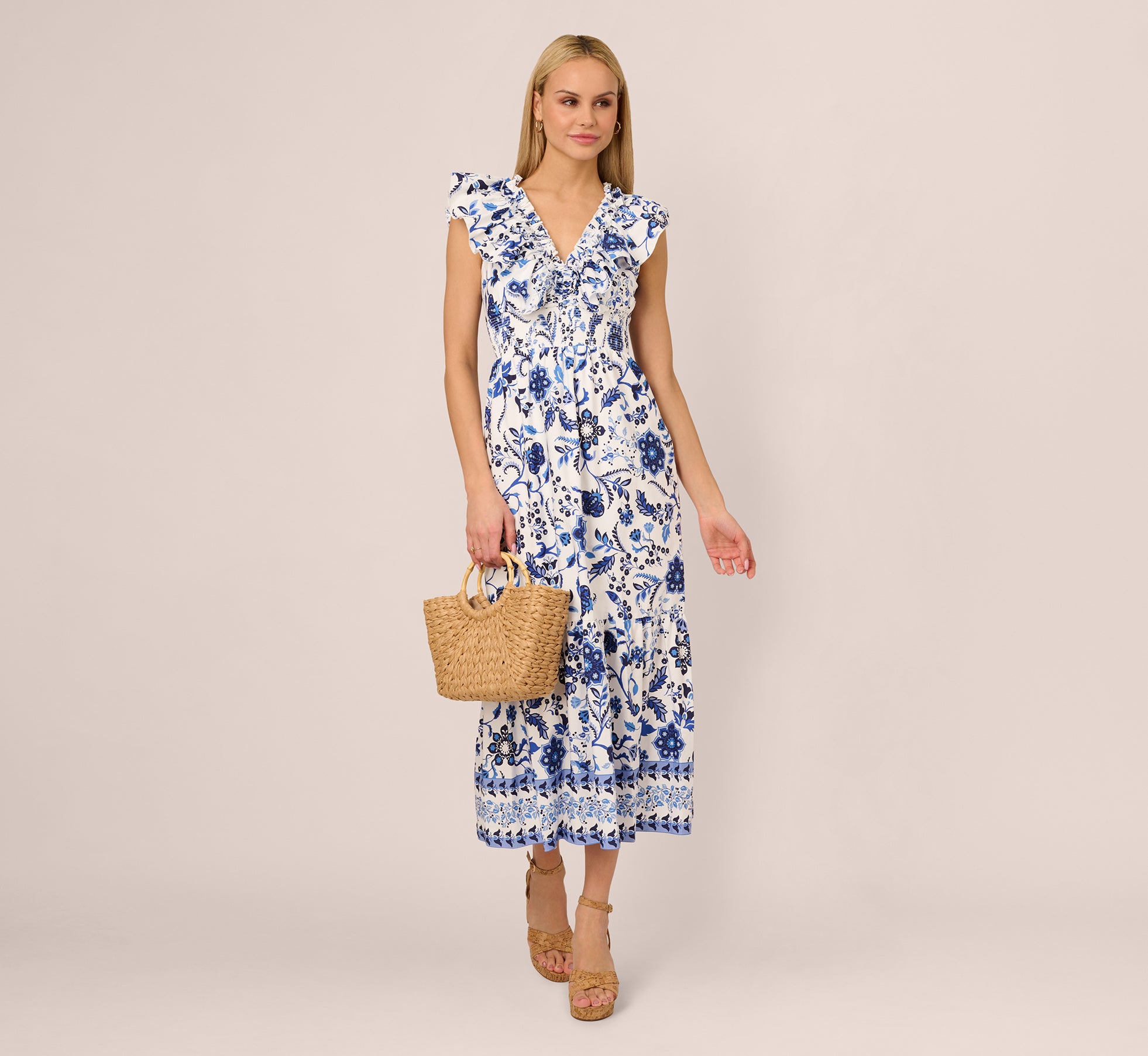 Sleeveless Ruffle Collar Printed Midi Dress In White Blue Multi、mySite、solidvoid