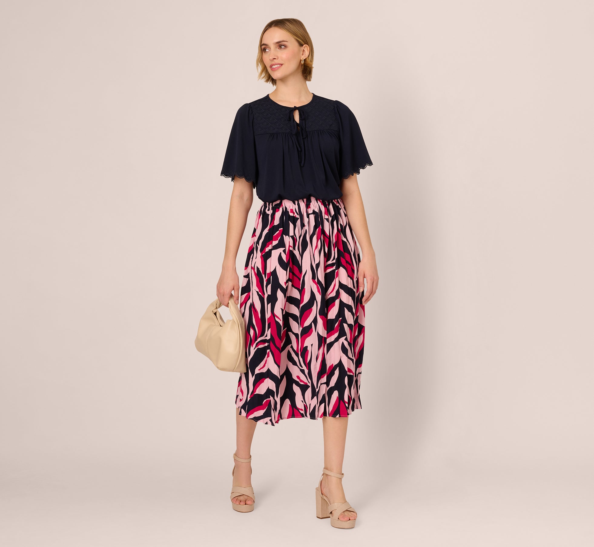 Short Sleeve Neck Tie Embroidered Yoke Top In Blue Moon、mySite、solidvoid