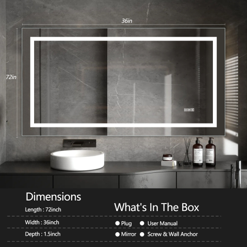 (Same as W134070942/L4004) 72"×36" LED Mirror Light Bathroom,anti-Fog & Dimming Led Bathroom Vanity Mirror、、eastwooduniform