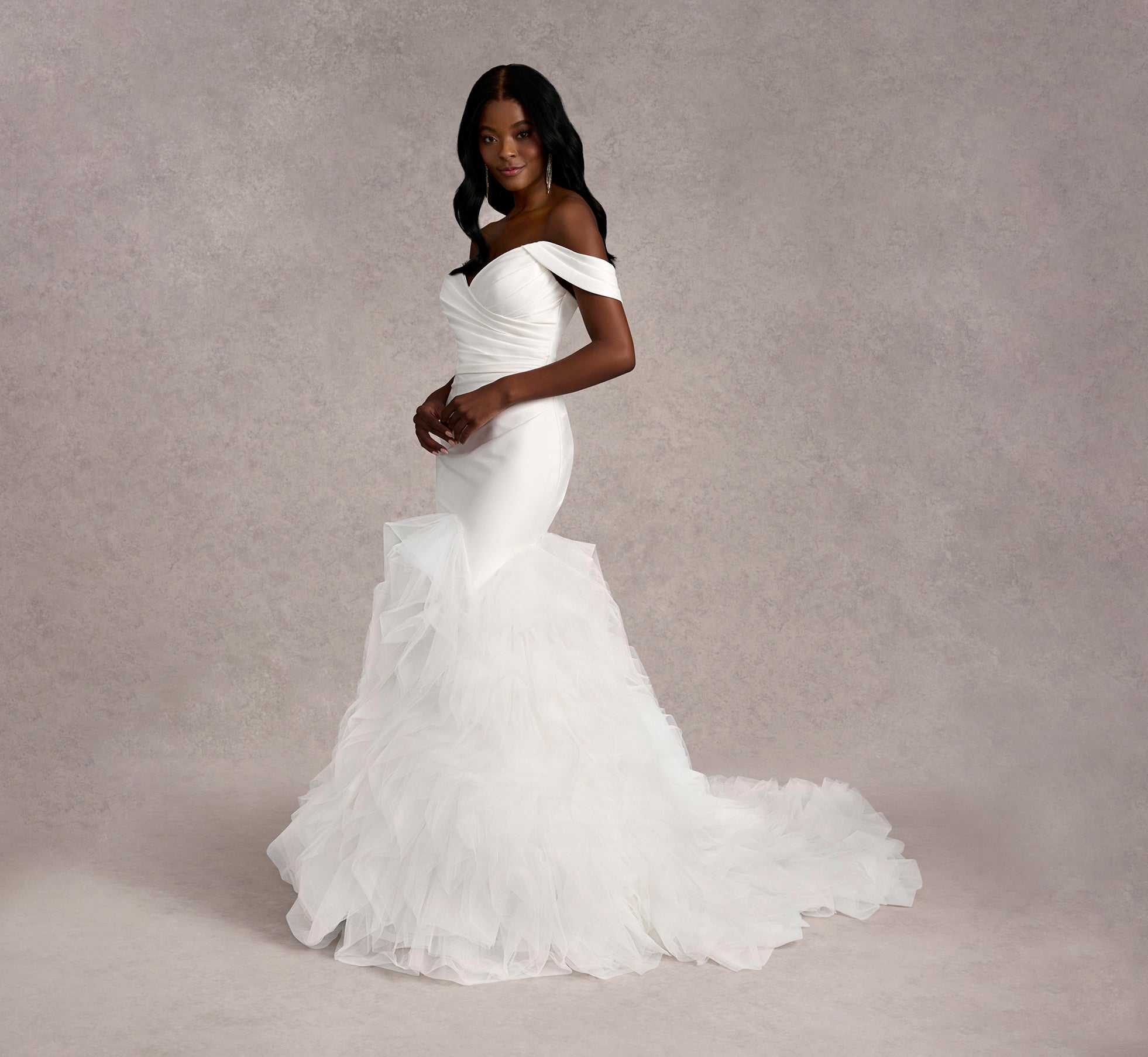 Off-The-Shoulder Draped Mermaid Gown In Ivory/Ivory In Ivory Ivory、mySite、solidvoid