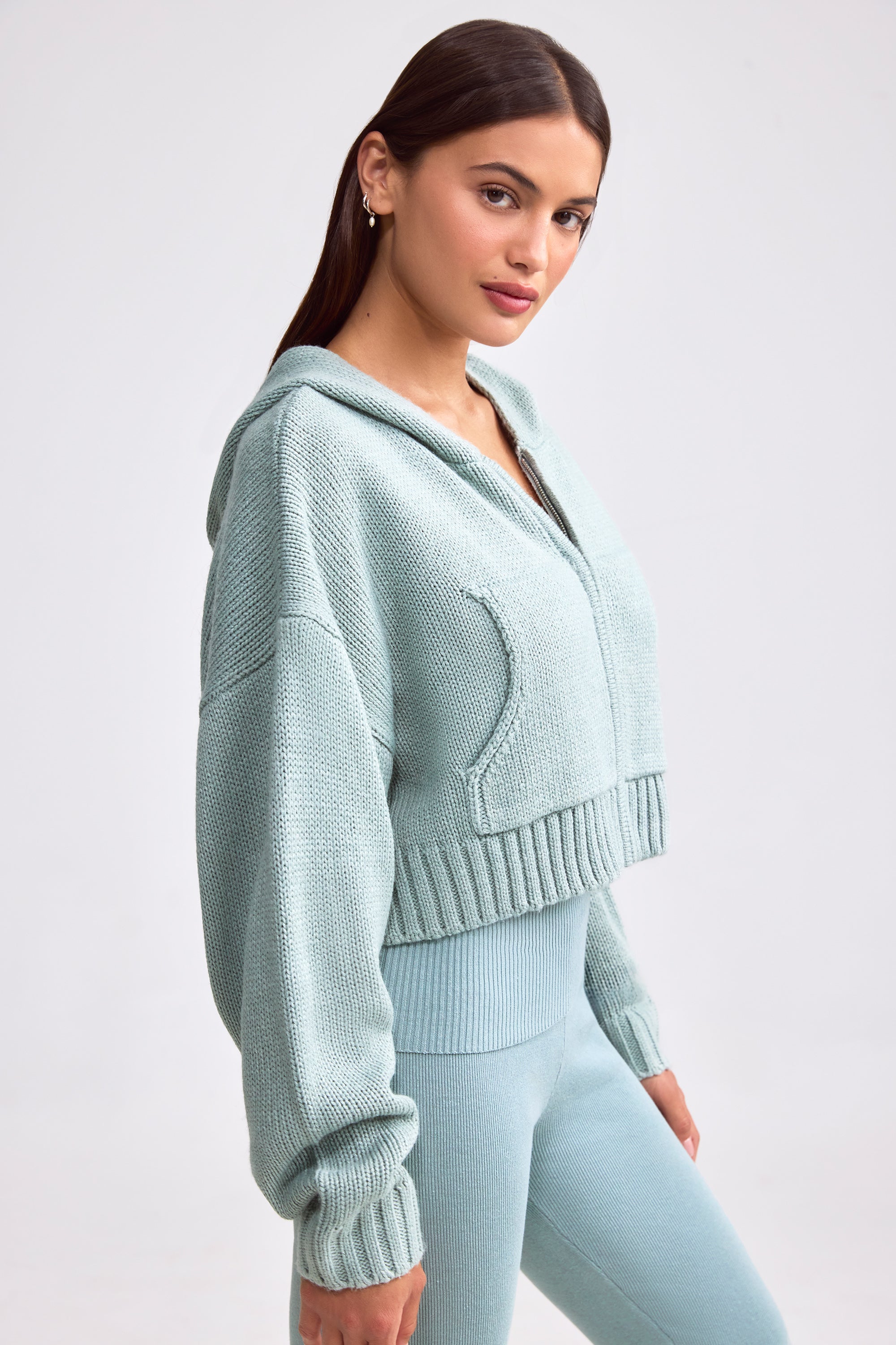 Cropped Zip-Up Chunky Knit Hoodie in Dusty Teal、mySite、solidvoid