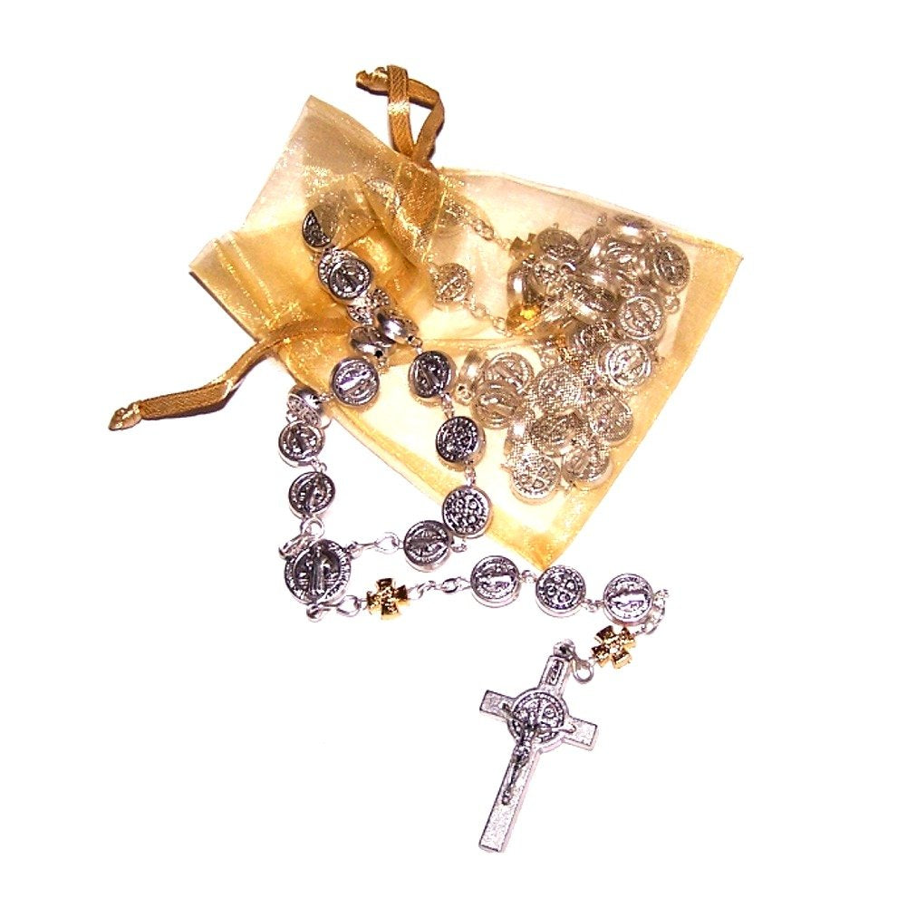 Rosary with Silver Tone Saint Benedict center and beads - Organza bag and Cer...、mySite、topwebapps