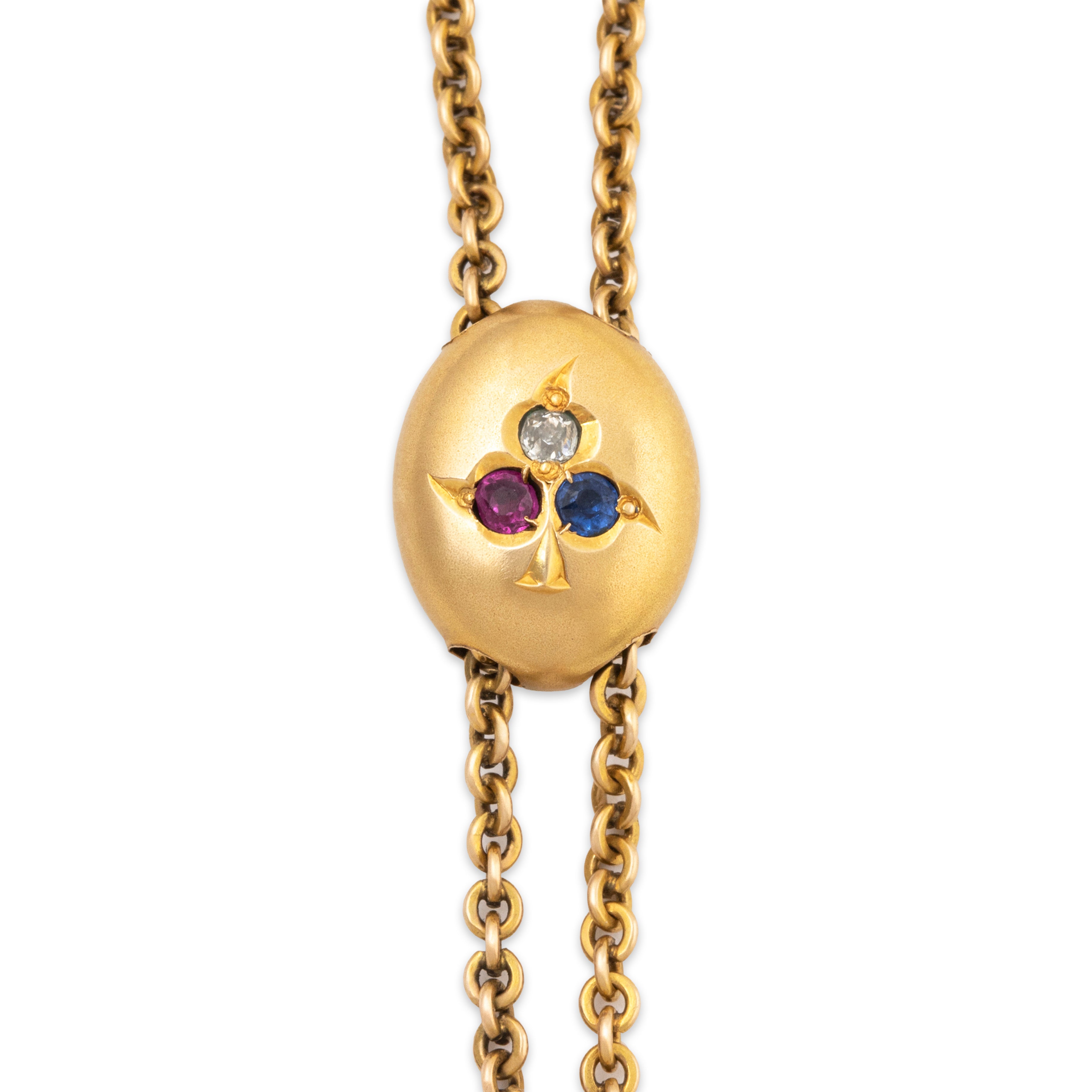 Antique Victorian 14k Yellow Gold Ruby Sapphire Diamond Slide Long Necklace 24、mySite、hinf8tx79