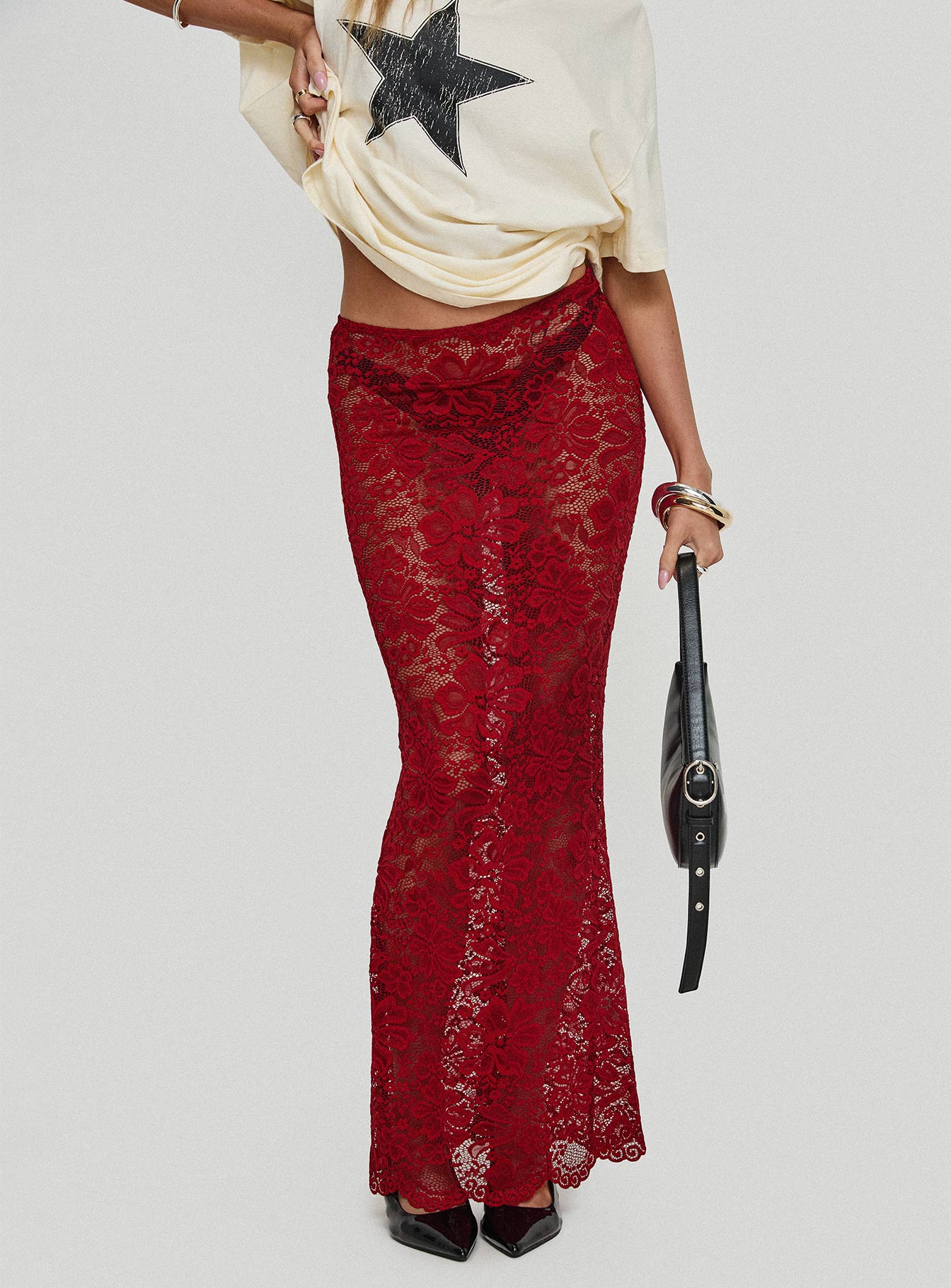 Lombardio Lace Maxi Skirt Burgundy、mySite、solidvoid