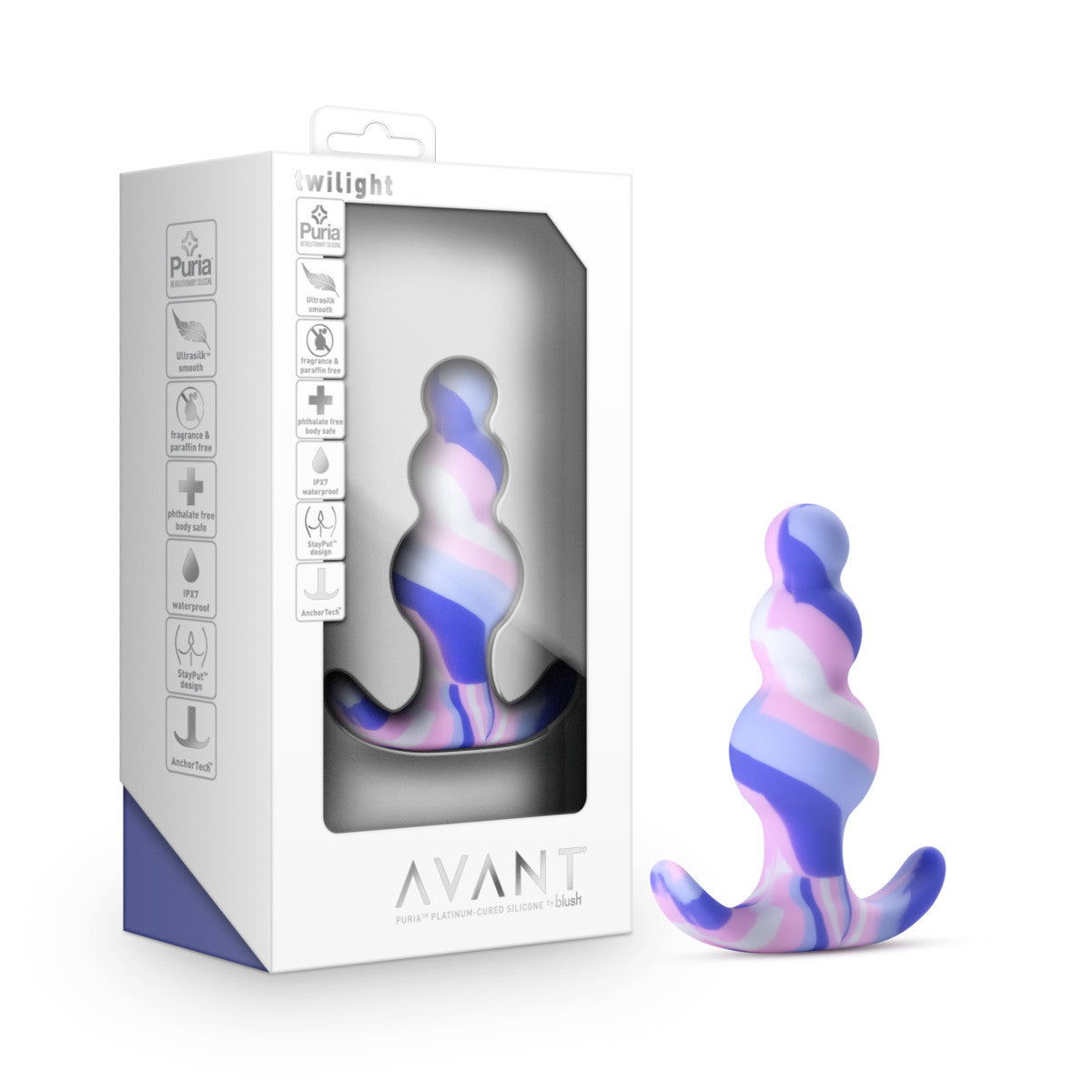 Avant By Blush® | Twilight Blue: Artisan 3 Inch Tapered Stayput™ Butt Plug with Pleasure Curves - Elegantly Made with Smooth Ultrasilk® Purio™ Silicone、mySite、bottomscart