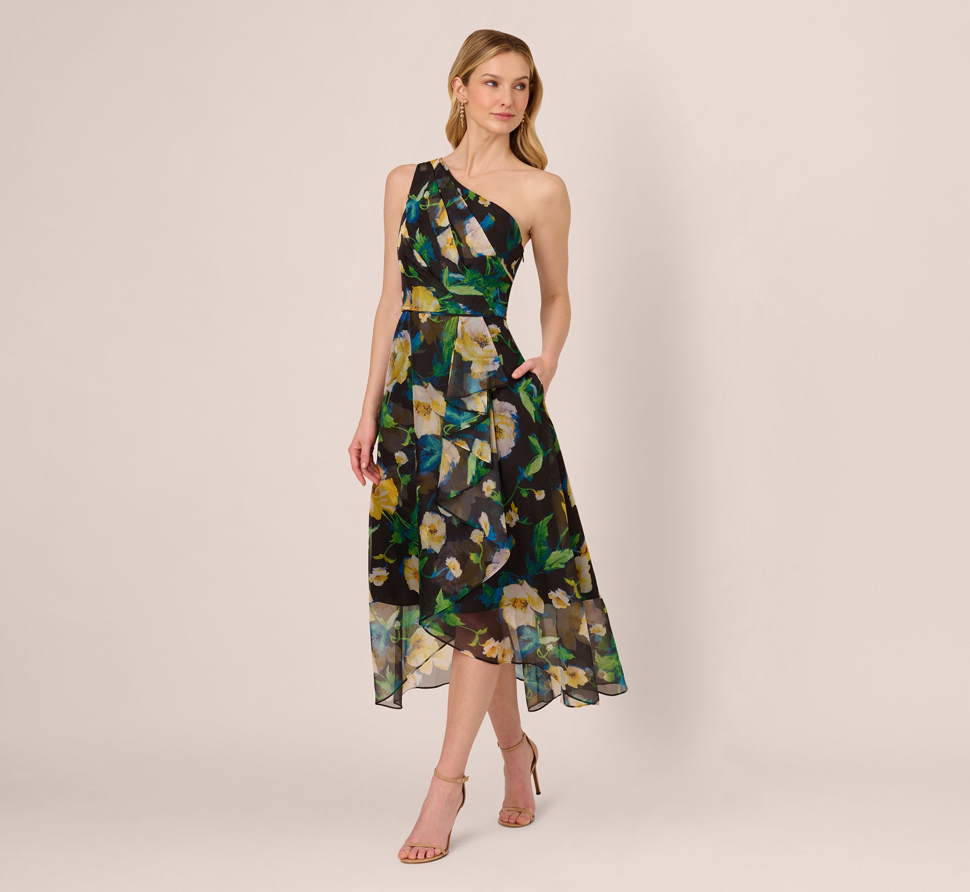 One Shoulder Floral Chiffon High Low Midi Dress In Black Yellow Multi、mySite、solidvoid