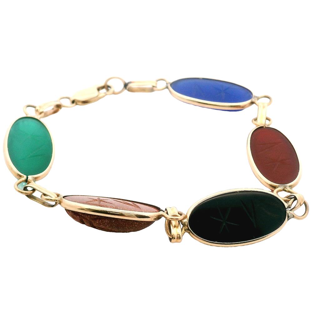  Estate 14K Yellow Gold Multi Gemstone Scarab Link Bracelet