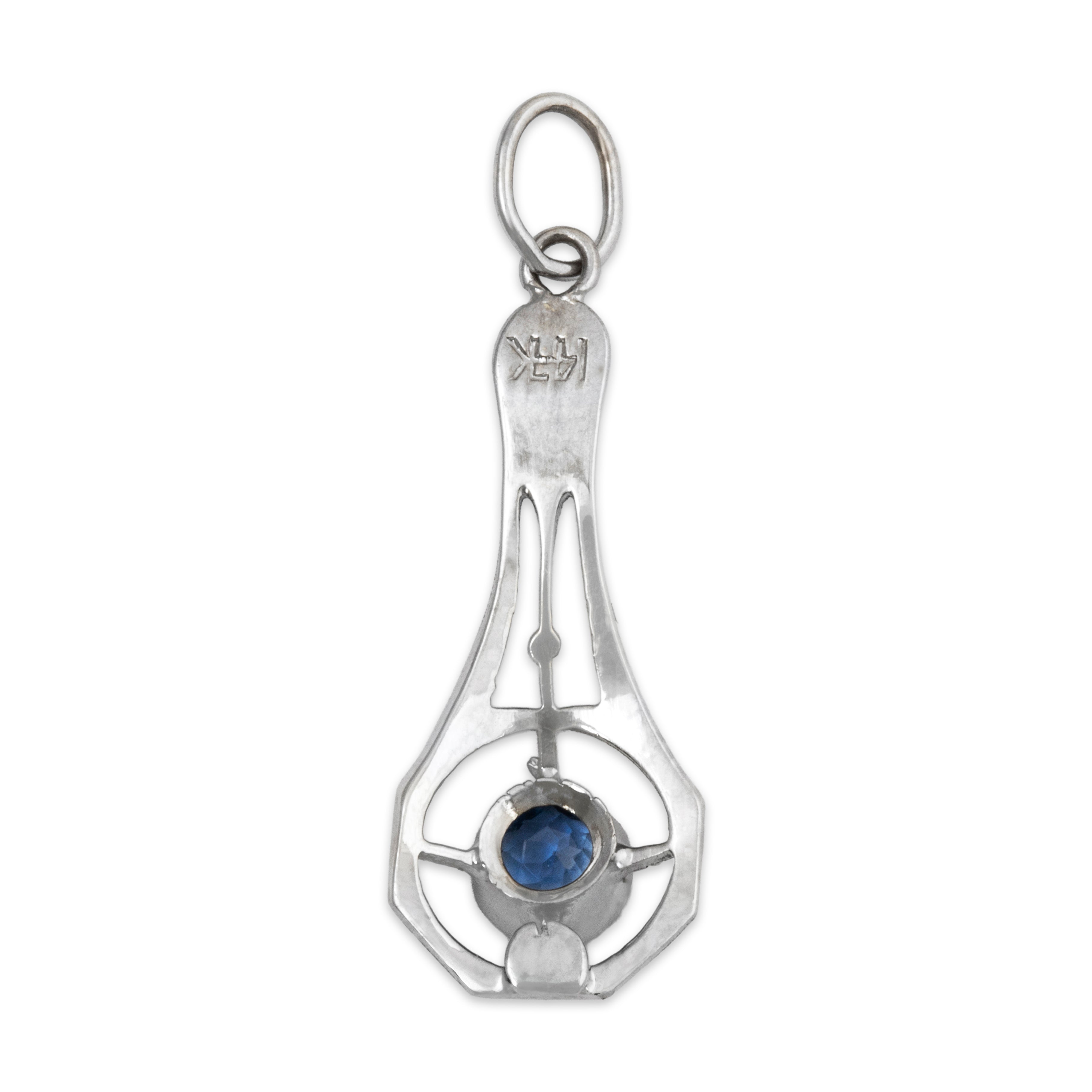 Antique Art Deco 14k White Gold Blue Synthetic Sapphire Pearl Charm / Pendant、mySite、hinf8tx79