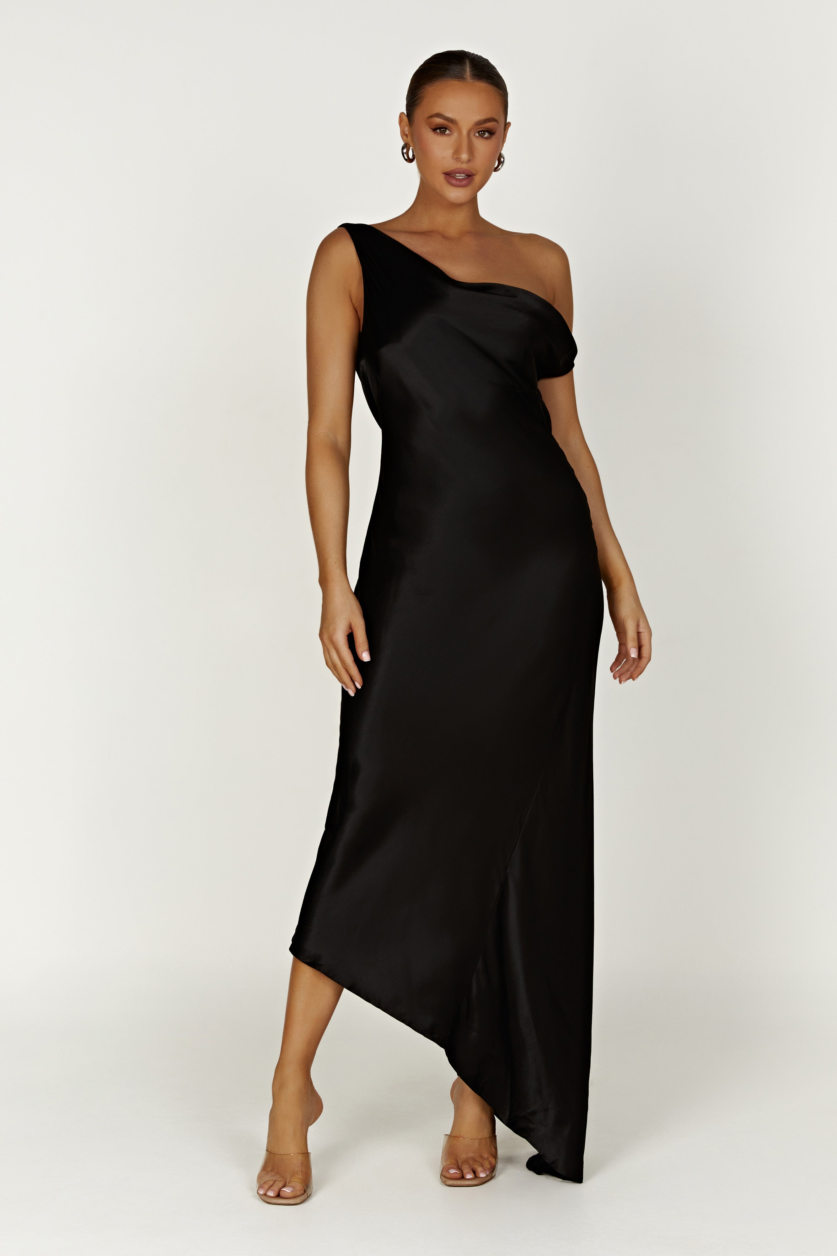 Yvette Slip Maxi Dress With Asymmetrical Hem - Black、mySite、solidvoid