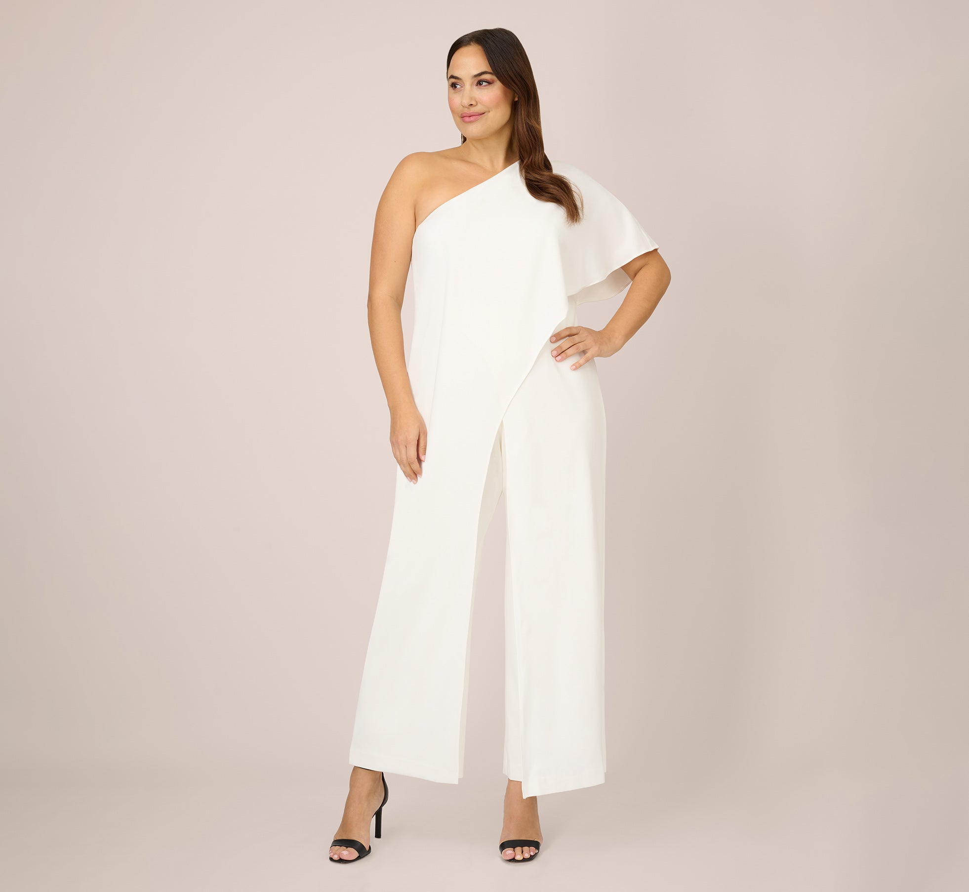 Plus Size Flutter One Shoulder Jumpsuit In Ivory、mySite、solidvoid