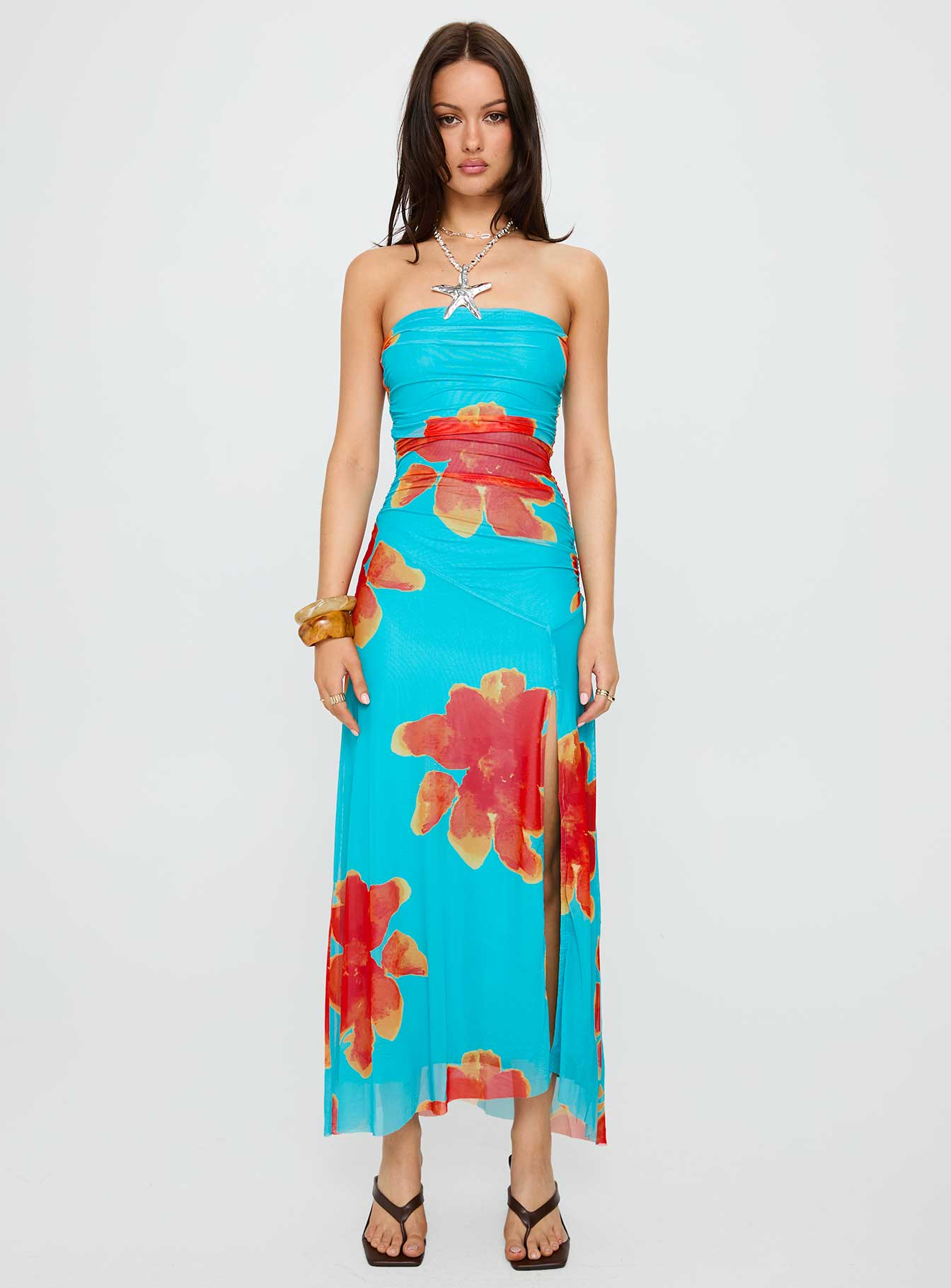 Katara Strapless Maxi Dress Blue / Orange Floral、mySite、solidvoid
