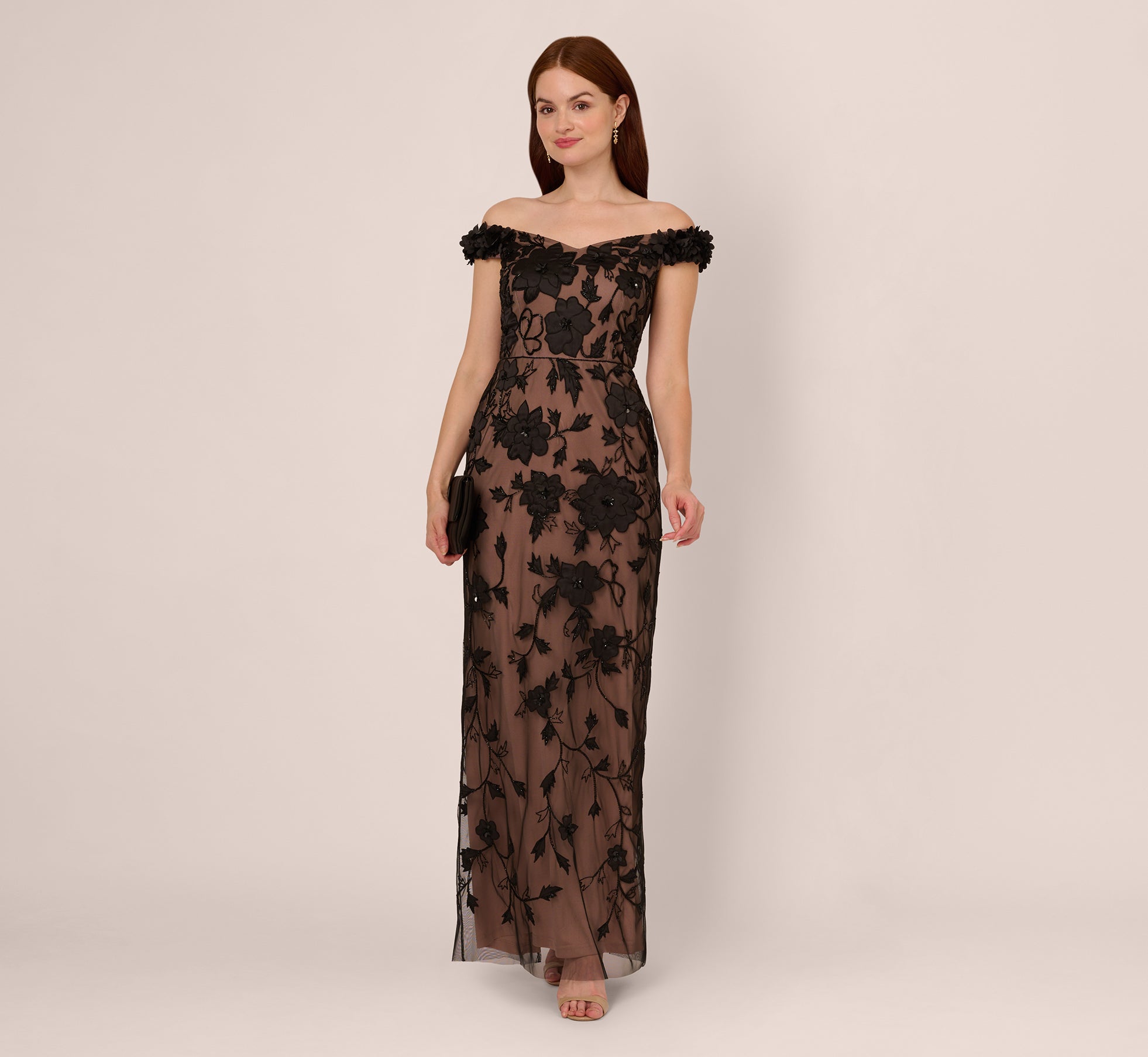 Off The Shoulder Beaded Column Gown With Rosette Accents In Black Rosegold、mySite、solidvoid