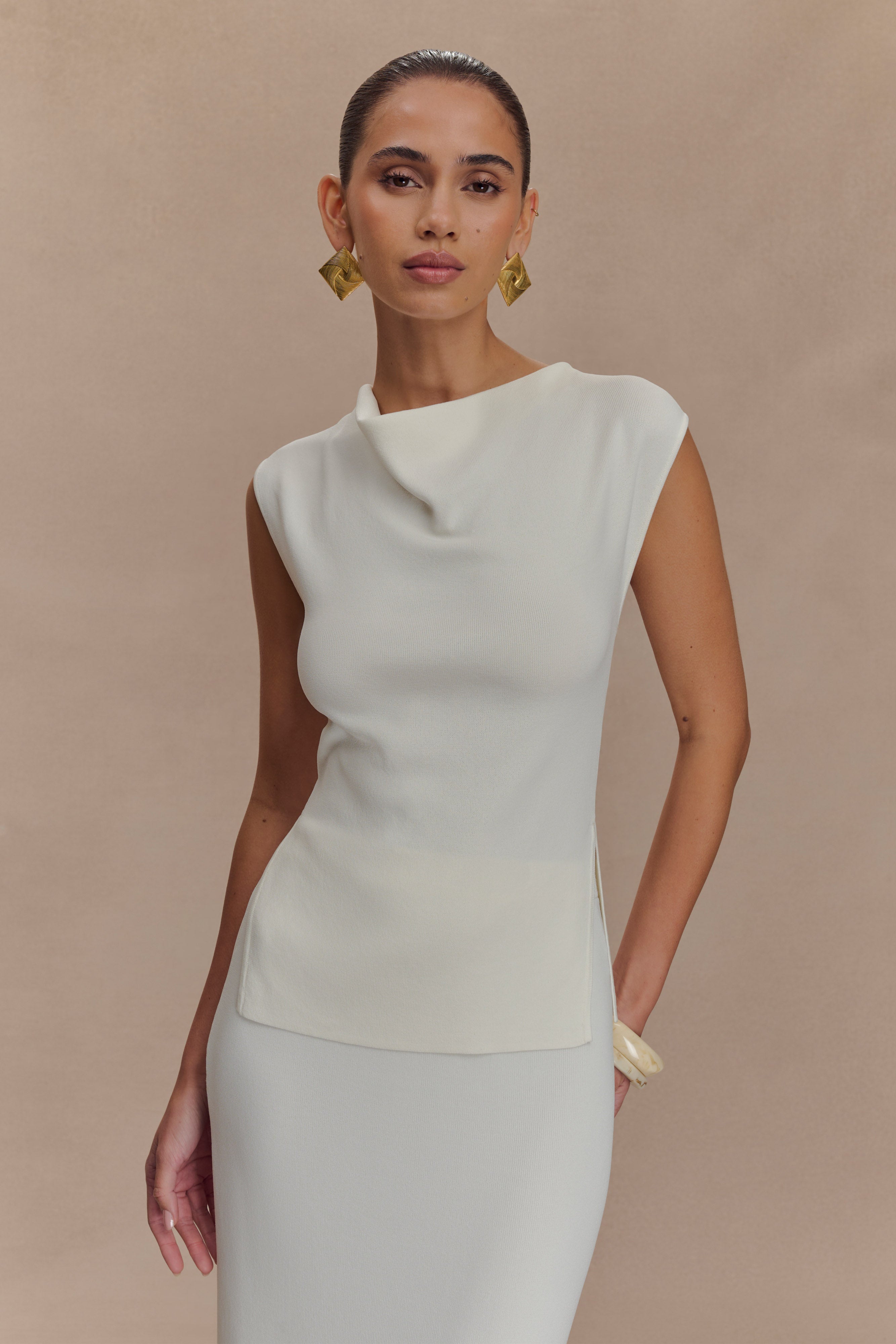 Francisca Cowl Neck Knit Top - White、mySite、solidvoid