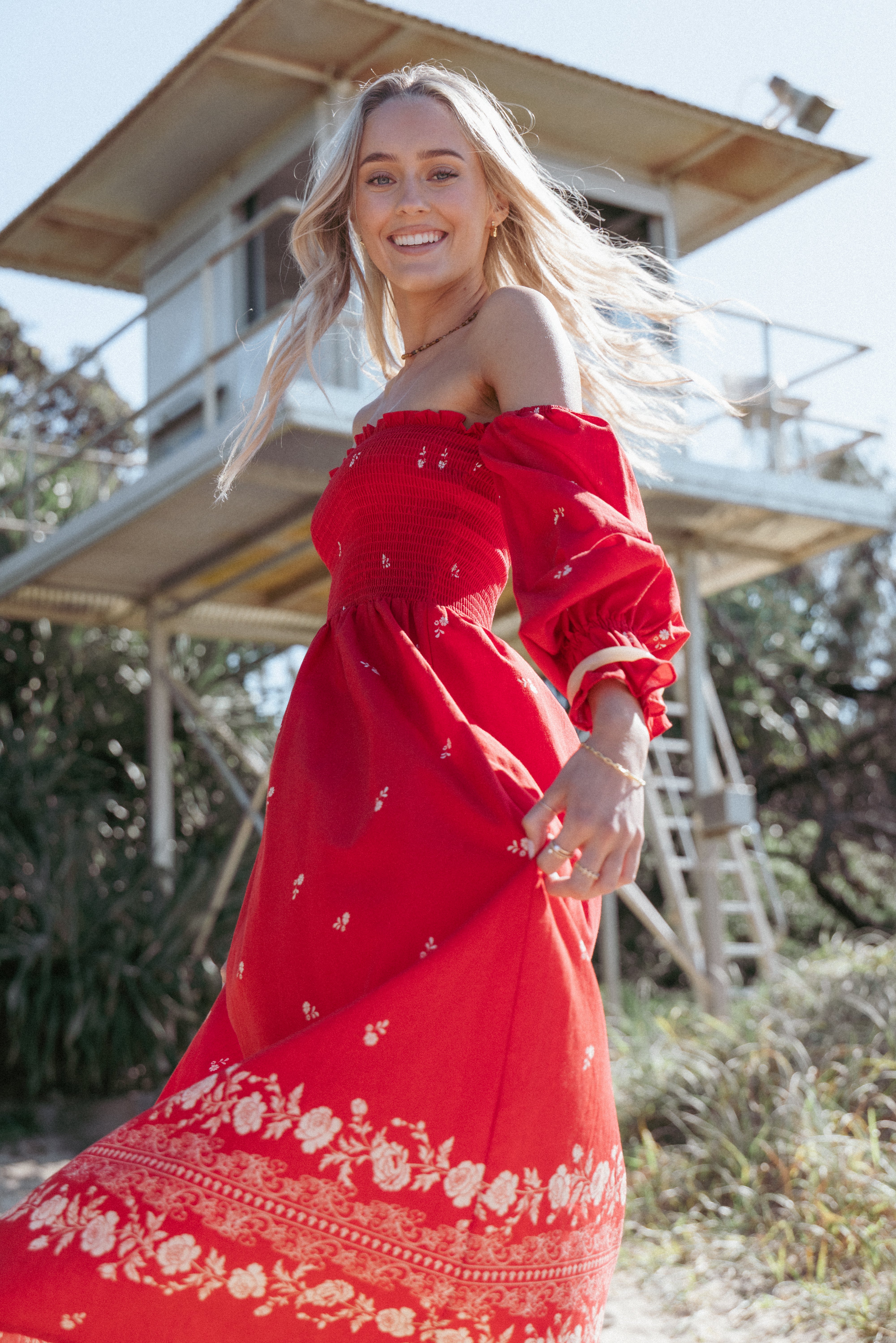  Domenica Shirred Long Sleeve Midi Dress - Red Floral Bandana、mySite、sugarbowlscore