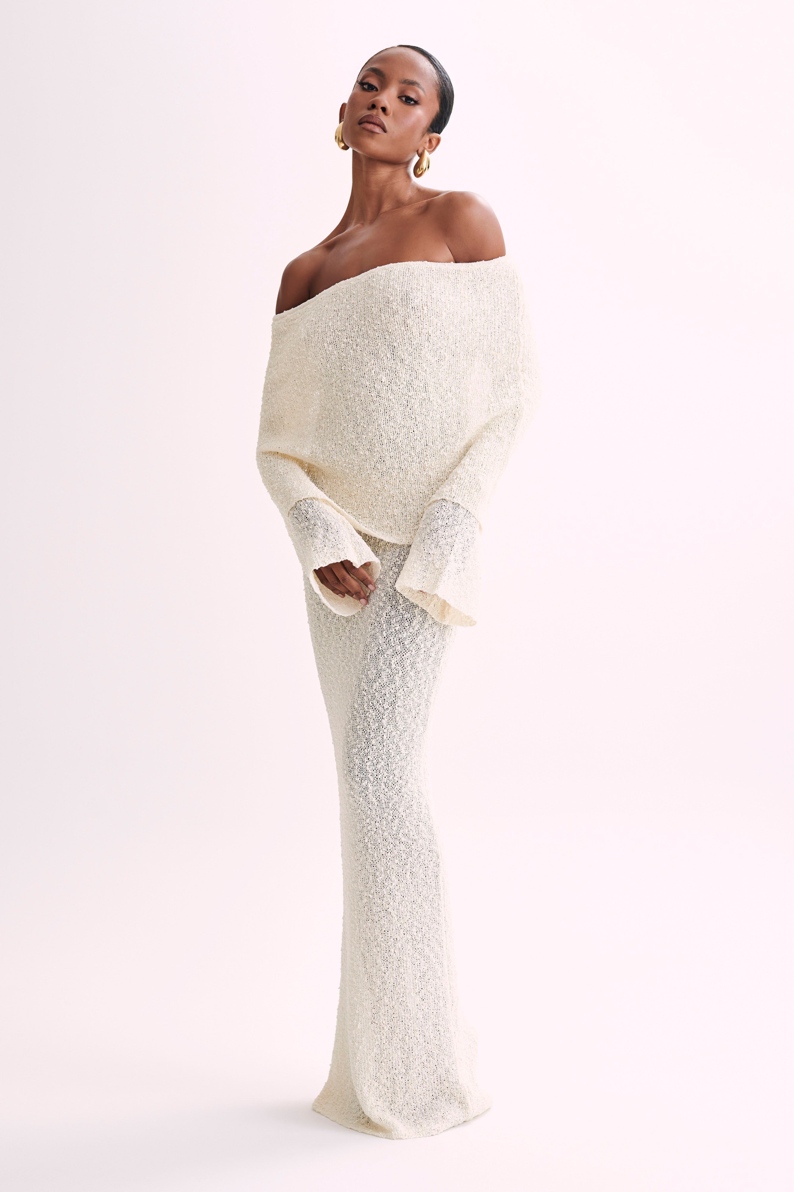 Marisol Off Shoulder Boucle Maxi Dress - Ivory、mySite、solidvoid