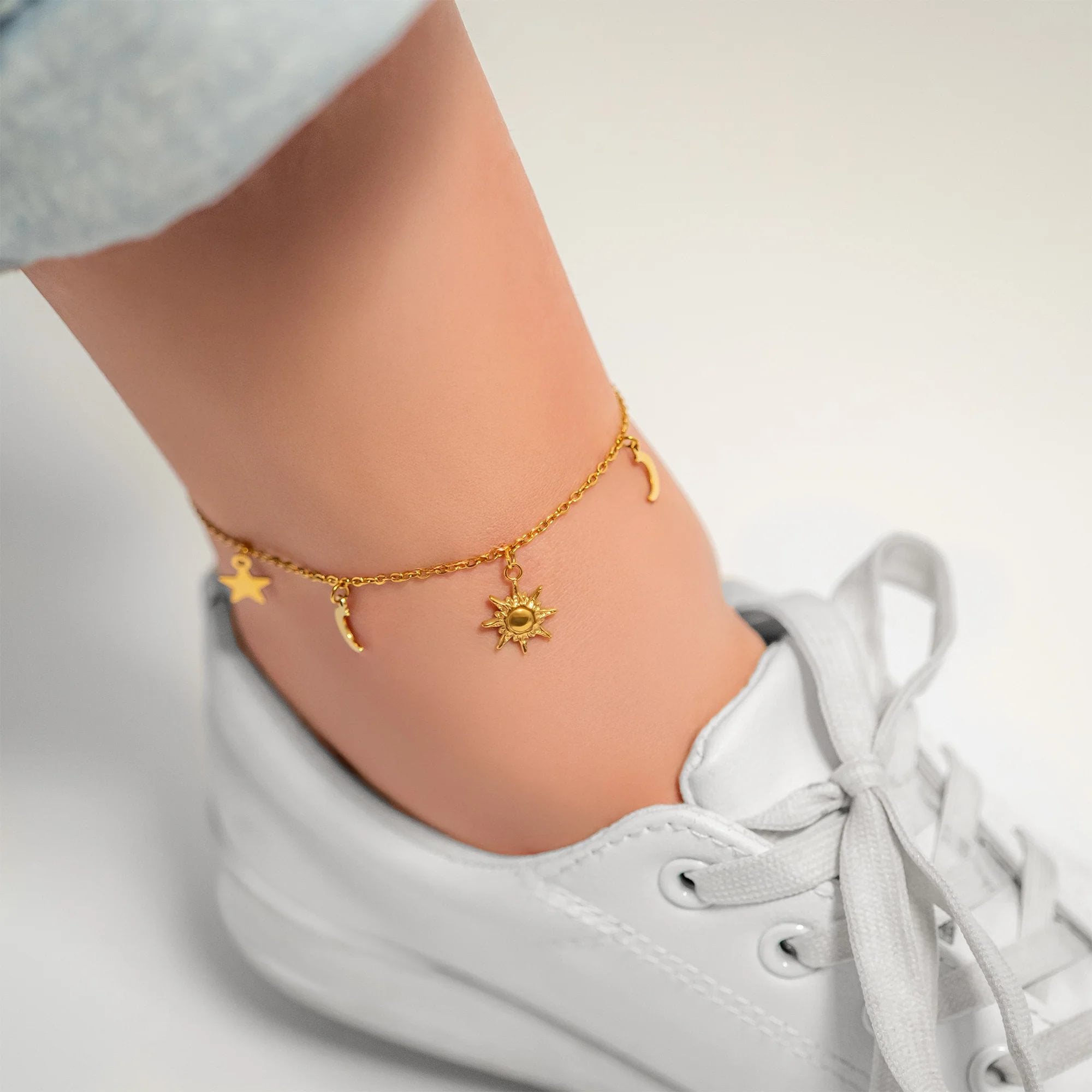 18K Gold PVD Stainless Steel Moon and Star Charms Anklet / BRJ1030、mySite、dreamappss