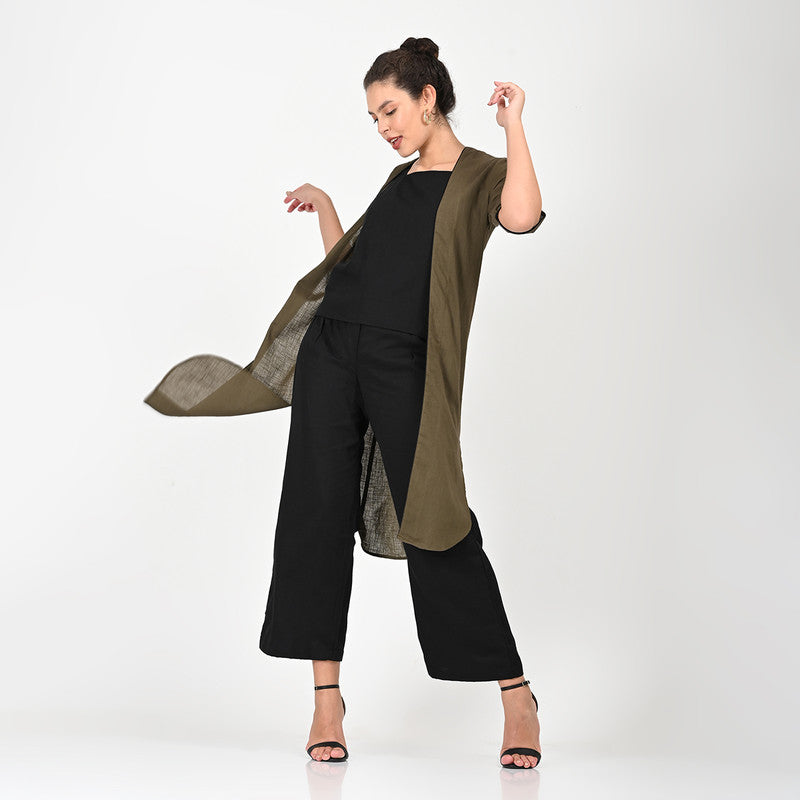 Cotton Solid Co Ord Set For Women | Overlay, Top & Trouser | Square Neck | Olive & Black、mySite、camillekostekn