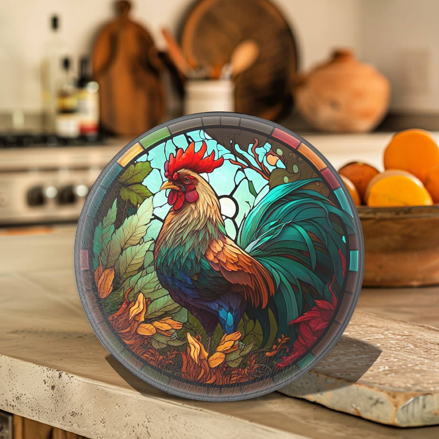 Rooster Tempered Glass Cutting & Serving Board Colorful Stained Glass Look、mySite、g9winljtr