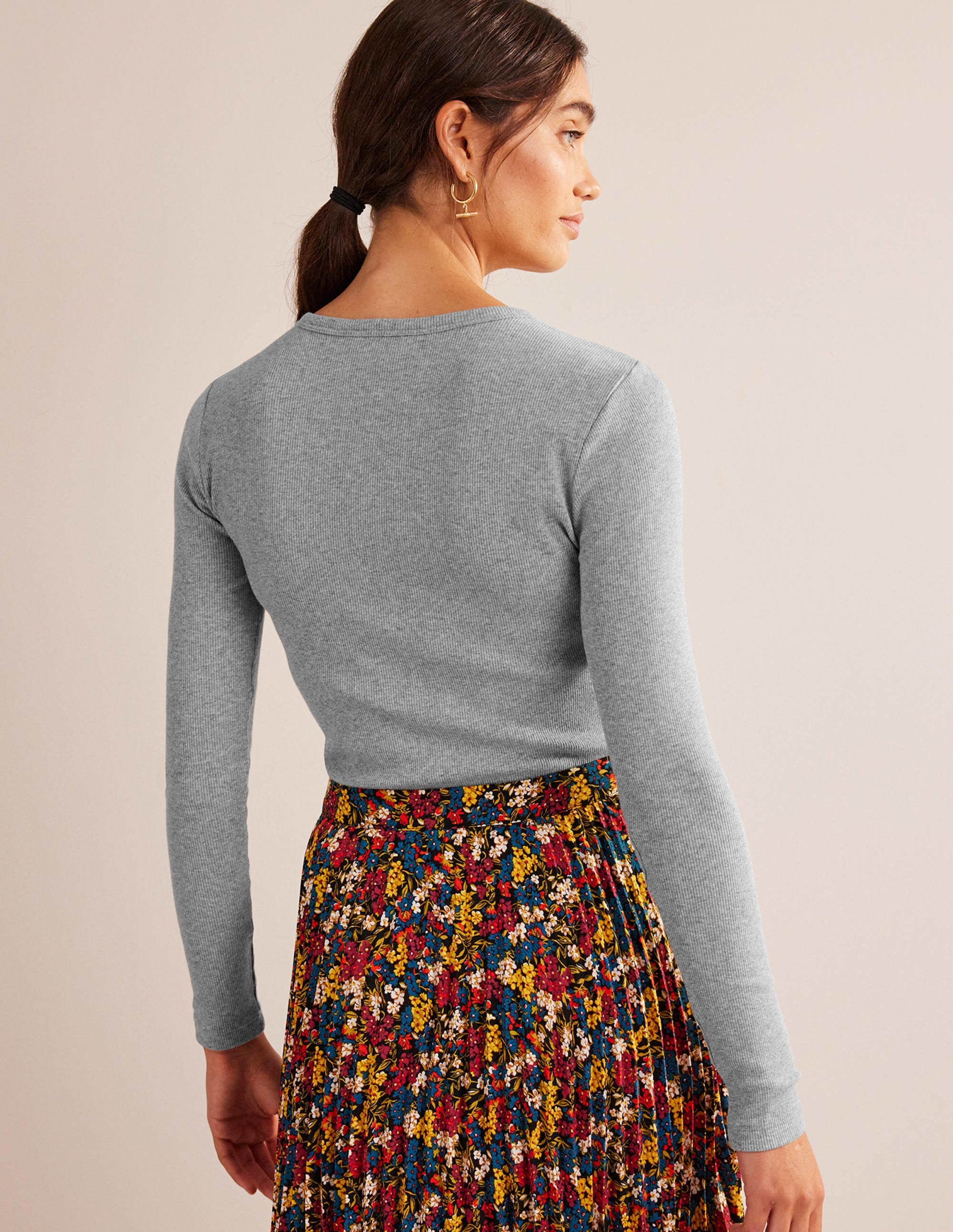  Cotton Ribbed Long Sleeve Top-Grey Marl、mySite、ashleygrahame