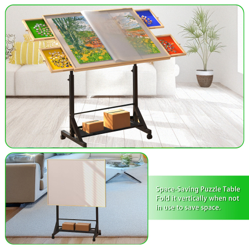 Wooden 1500 Piece Puzzle Table with Drawer, 35"*27.17" Adjustable Puzzle Table, 360° Tilting Puzzle Table with Legs and Wheels, Adjustable Height and Angle, with Protective Cover ( BACK TO SCHOOL )、、casual