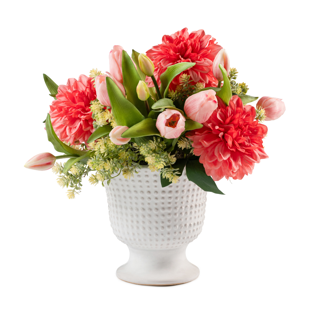  DH Coral Dahlias and Light Pink Tulips in Beaded Pedestal Vase、mySite、elrpsem3k