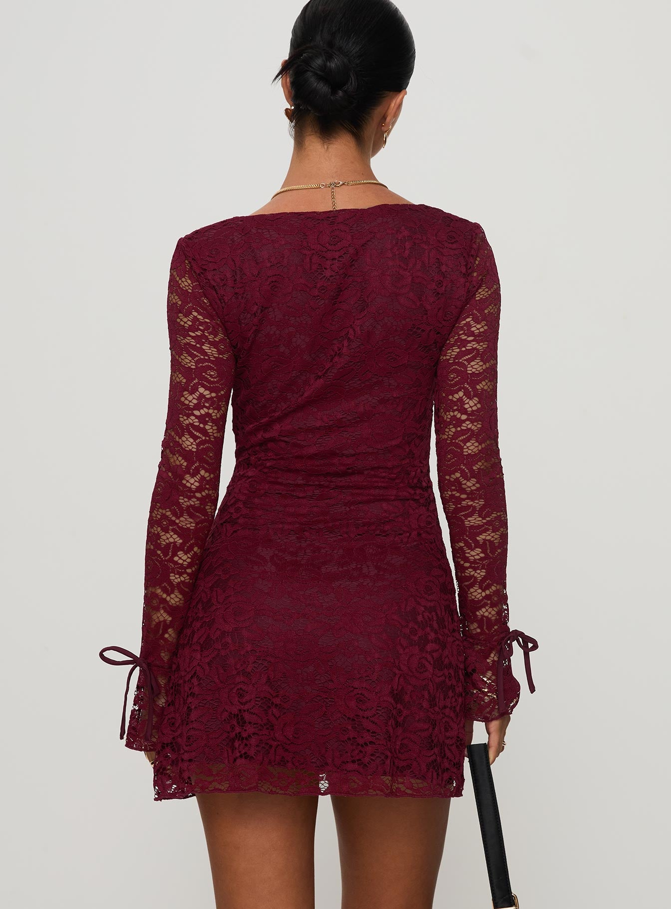 Lucianna Long Sleeve Lace Mini Dress Burgundy、mySite、solidvoid