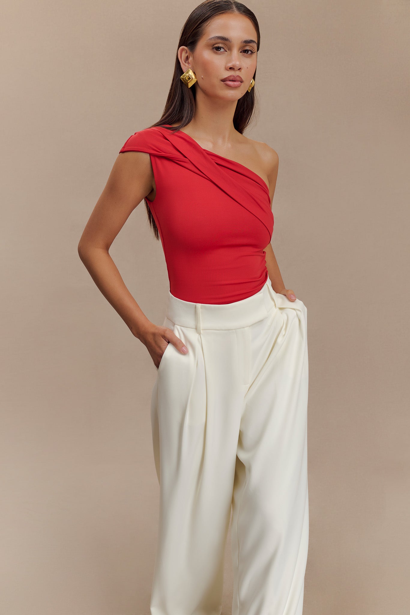 Solene One Shoulder Recycled Nylon Twist Top - Ruby、mySite、solidvoid