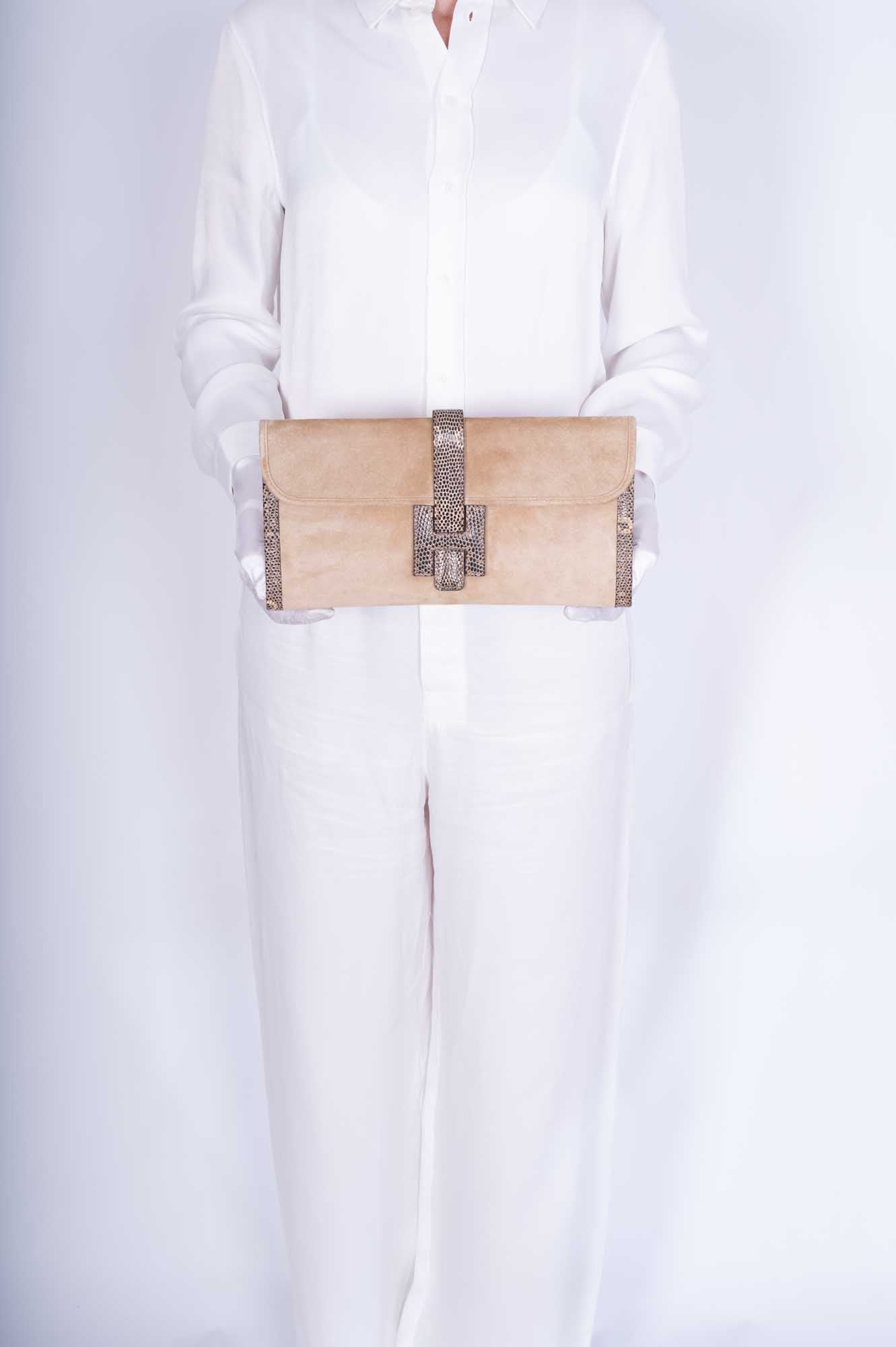 Hermès Jige Elan Clutch Sable Doblis Suede and Ombré Lizard、mySite、garminoutage.com
