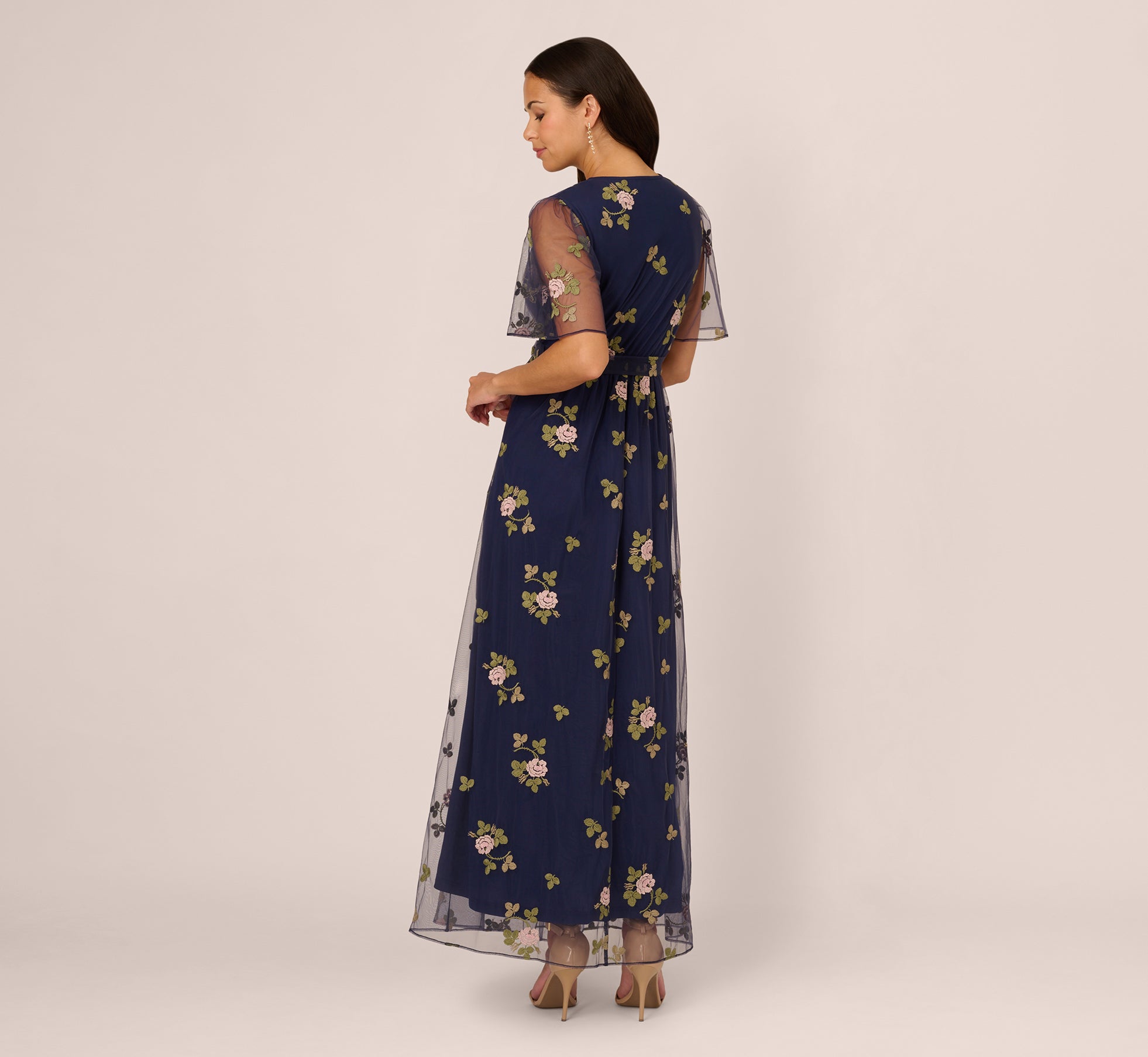 Floral Embroidered Maxi Dress With Sheer Flutter Sleeves In Navy Multi、mySite、solidvoid