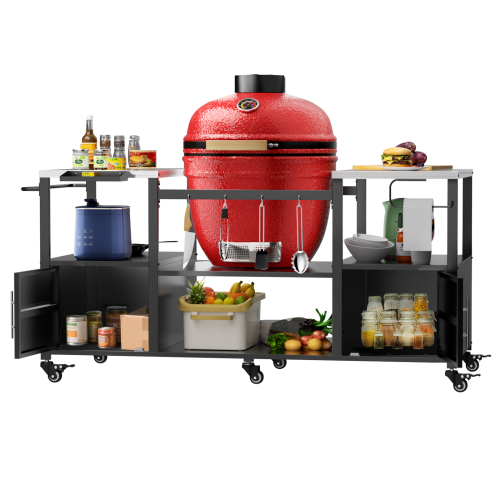 Outdoor Grill Table for Big Green Egg Style BBQ, Metal Grill Cart with Storage Box, Compatible with up to Large Green Egg, Kamado Joe Jr、、eastwooduniform