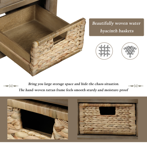 TREXM Rustic Storage Bench with 3 Drawers and 3 Rattan Baskets, Shoe Bench for Living Room, Entryway (White Washed)、、casual