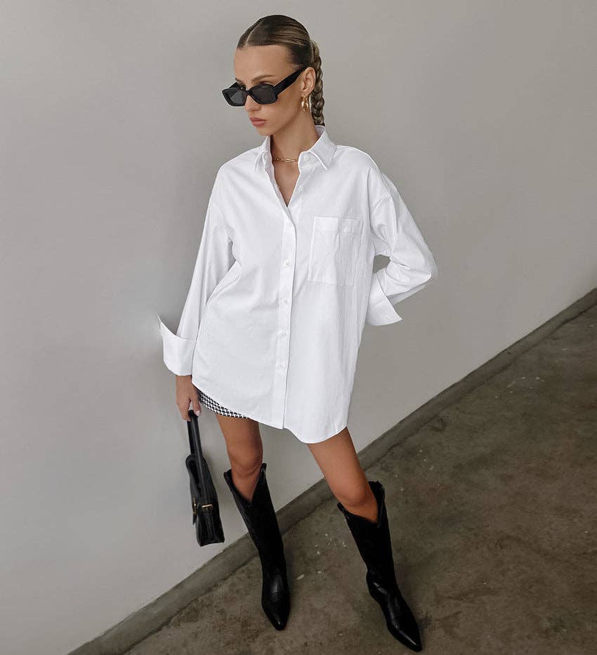 White Lapel Collar Button Down Fit Daily Shirt、mySite、dreamappss