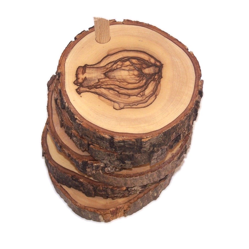 Hand Carved Olive Wood Natural Coaster Set of 5 plus base - Connected (about 3.5 Inches each) - Asfour Outlet Trademark、mySite、topwebapps