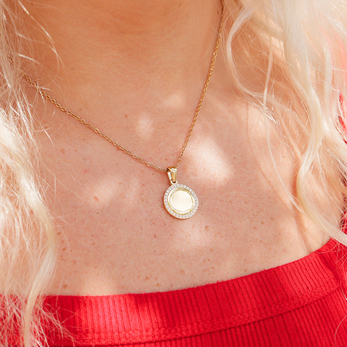 18K Gold PVD Stainless Steel Round CZ Pendant Necklace / SBB0280、mySite、dreamappss