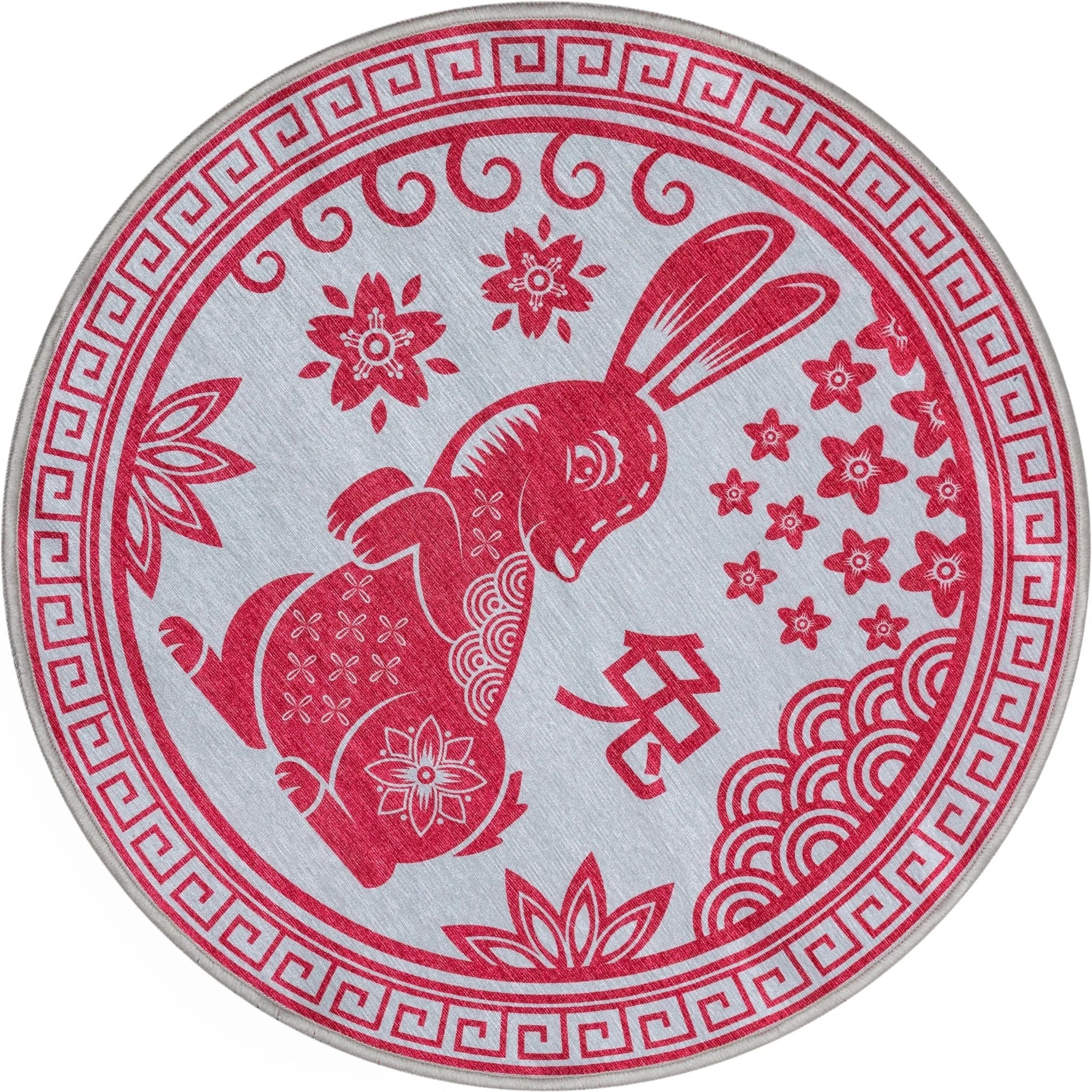 Chinese Calendar Lunar Year of the Rabbit Red Flat-Weave Rug、mySite、gigharbornorthrealestate