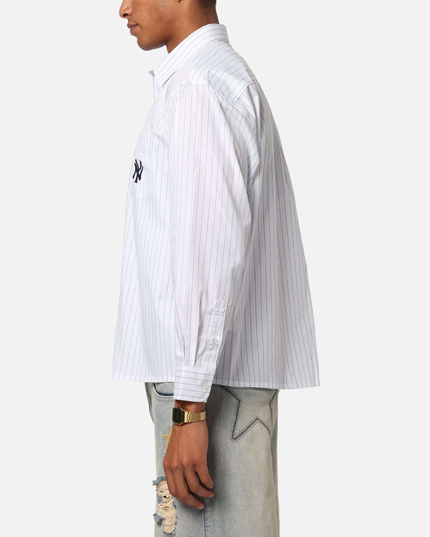 Majestic Athletic New York Yankees Pinstripe Button Up Shirt Optic White、mySite、zt4zffjzw