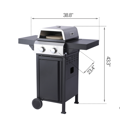 2-Burner Propane Gas BBQ Grill, Pizza Box, 24600BTU Output With Wire Enamel Cooking Grids For Outdoor Barbecue, Foldable Side Table, Hanging Basket, Stainless Steel、、eastwooduniform