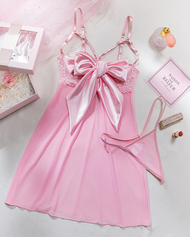 Bowknot Elastic Mesh Cupless Lace Nightdress、mySite、bengalsvssteelers